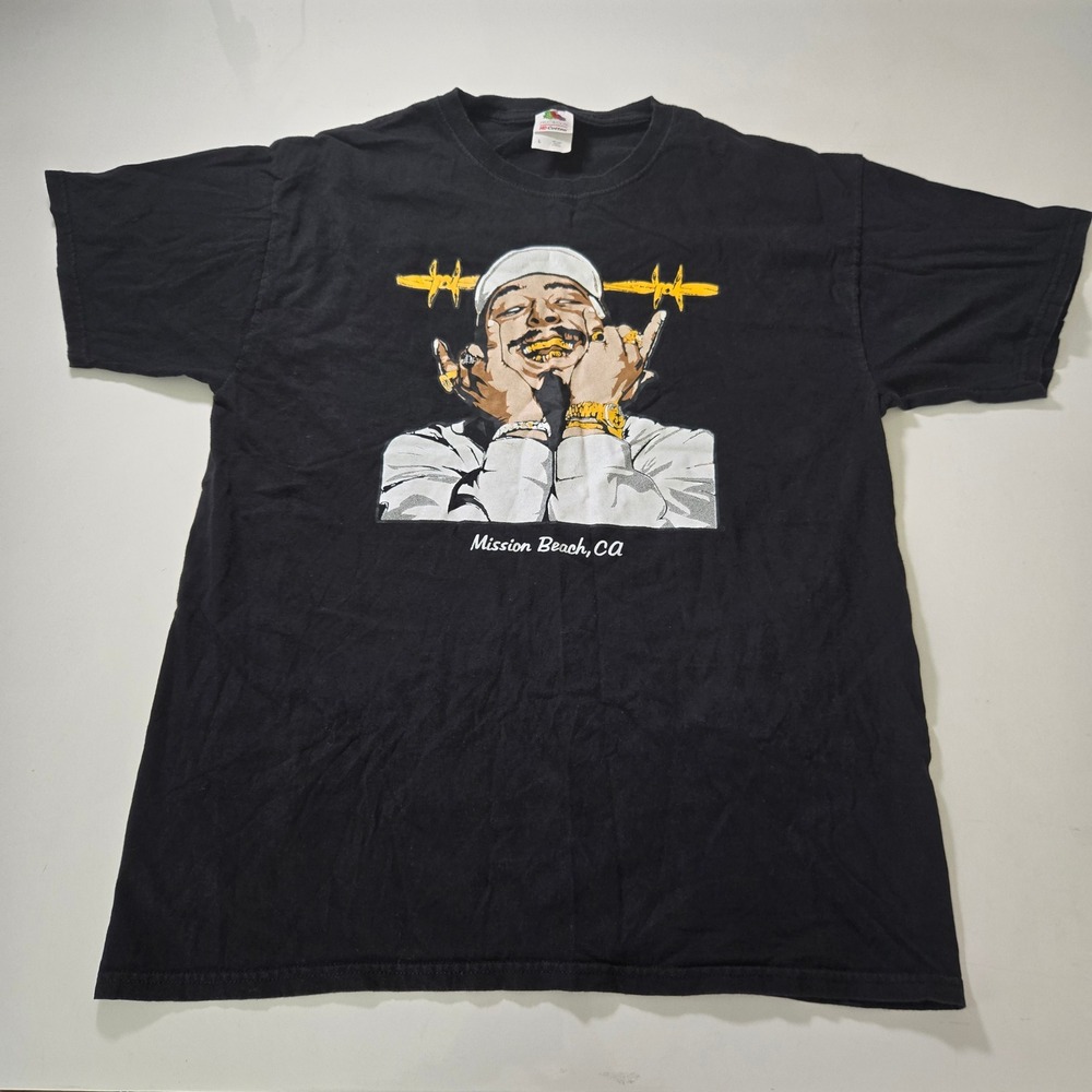 Fruit of the Loom Post Malone Mission Beach CA Graphic T-Shirt Black Mens L